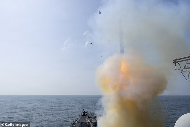 A Tomahawk land attack missile is seen being launched from the USS Milius on Iran