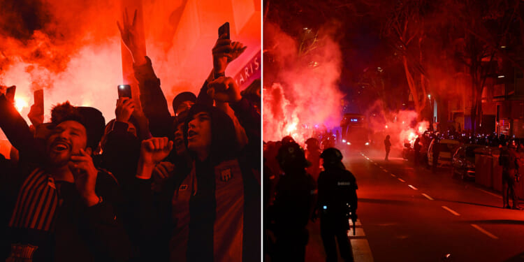 Barcelona ultras 'ATTACK' Atletico Madrid team bus as fans throw flares and cops line street in Copa del Rey chaos