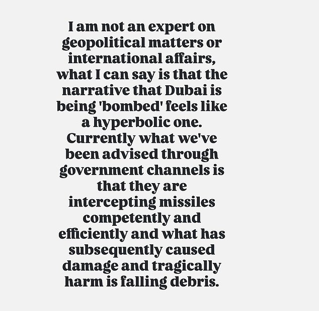Pattison told her followers that the portrayal of 'Dubai being bombed' was 'hyperbolic' and insisted that any damage was caused by falling debris