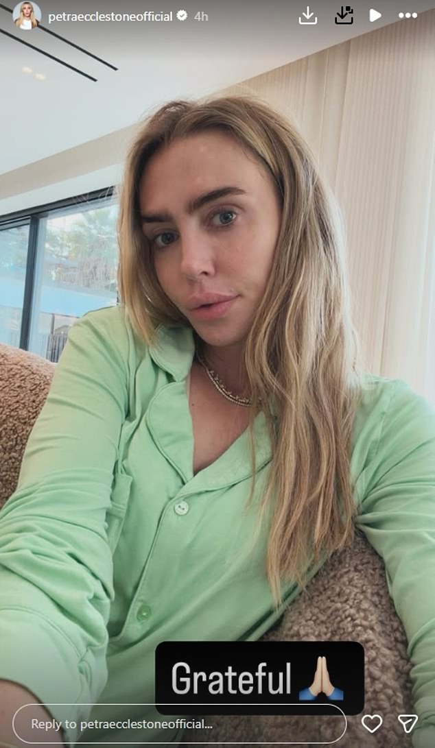 Petra Ecclestone, who moved to the city last year from the U.S, has been keeping her followers in the loop and this morning said that she was 'feeling grateful'