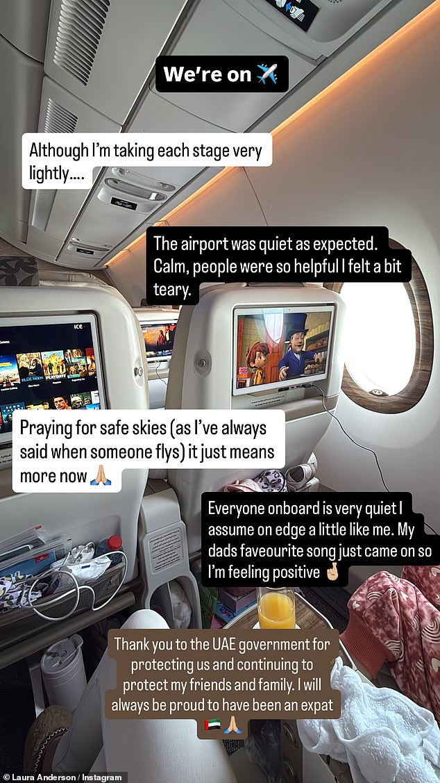 Laura shared a photo from the plane and wrote: 'Praying for safe skies (as I've always said when someone flys) it just means more now. Everyone on board is very quiet'