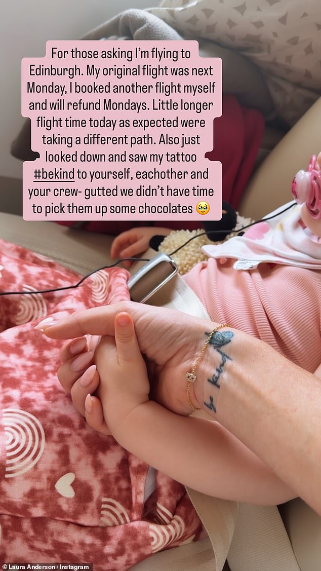 In another photo holding her daughter's hand, Laura added: 'For those asking, I'm flying to Edinburgh. My original flight was next Monday, I booked another flight myself'