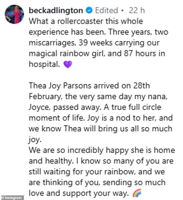 In a lengthy caption, Rebecca shared that in a 'full circle of life' moment her beloved grandmother passed away on the same day her daughter was born