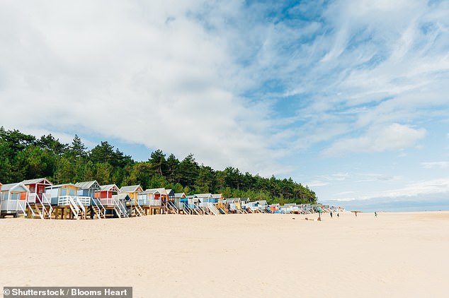 Colourful beach huts line Holkham Beach near Wells-next-the-Sea on the Norfolk coastline