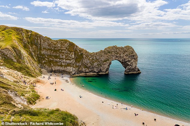 The famous recognisable Durdle Door rock formation and turquoise sea