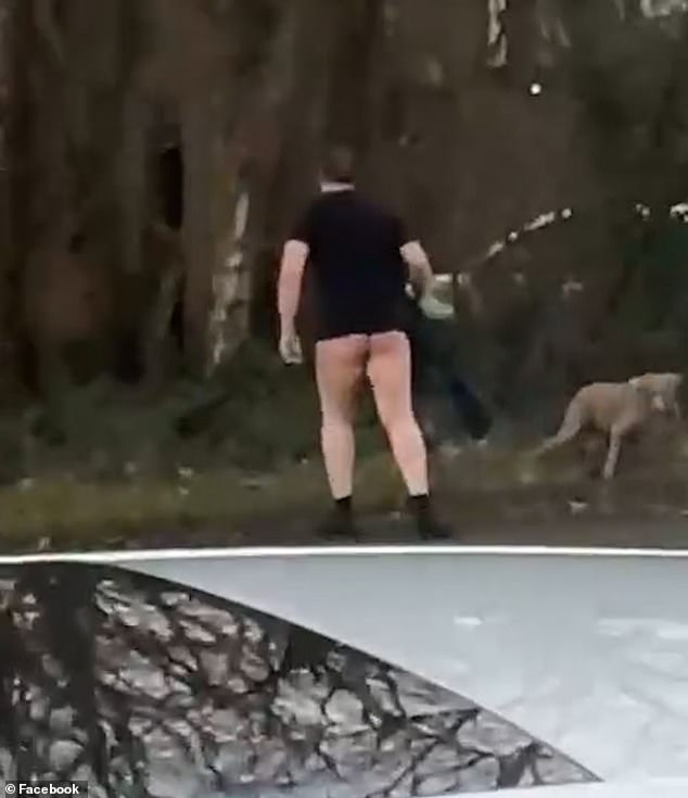 With his bare bottom on show for every passing motorist to see, Richards encountered a dog beside the road, before jumping into woodland to try and hide his modesty