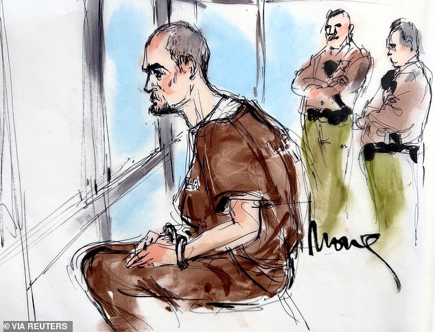 A courtroom sketch shows a stoic Nick≈ in brown jail garb during a January 7 court appearance