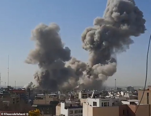 More than 30 missiles instantly obliterated the Pasteur compound. Pictured: Smoke billowing into the sky above the site in the heart of Tehran