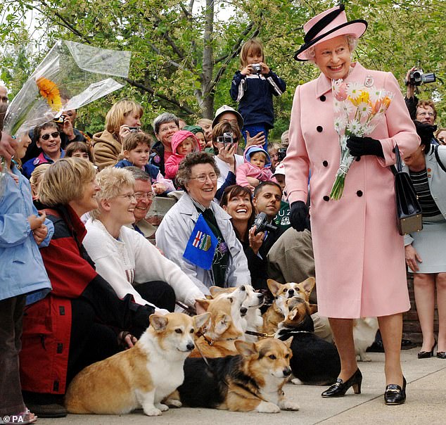 Elizabeth II owned more than 30 Pembroke Welsh corgis and and dorgis, a corgi-dachshund mix, during her reign. Pictured: The late Queen is greeted by local corgi enthusiasts on a tour of Canada in May 2005