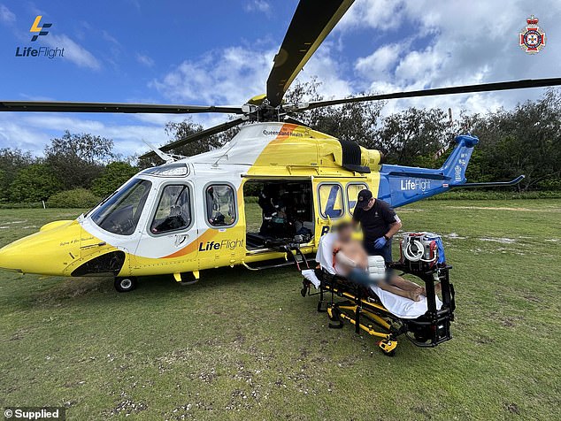 The man (pictured) was airlifted to Bundaberg Hospital in a stable condition