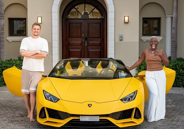 Leeds and his wife with their Lamborghini. The investor, 34, previously said he moved to the United Arab Emirates to avoid paying '99.9% of my taxes' and claims to have a £20m portfoli