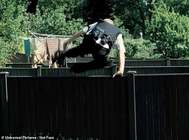 In Hot Fuzz, Simon Pegg's character chases after a suspect by jumping over garden fences