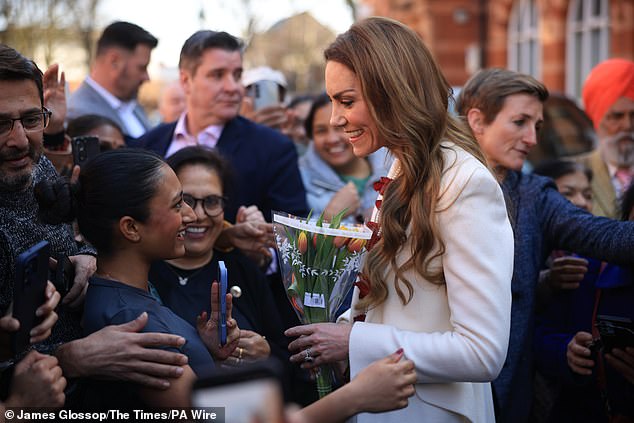 The Princess of Wales meets people during her royal away day to Leicester this afternoon