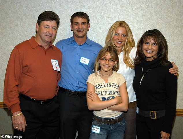 The star lashed out at her family four years after she was liberated from her 13-year conservatorship; Britney pictured with her father Jamie, brother Bryan, sister Jamie-Lynn and mom Lynne