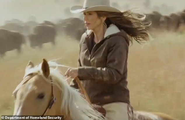 The cinematic ad showed Noem galloping beside a stampede of bison in a cowboy hat