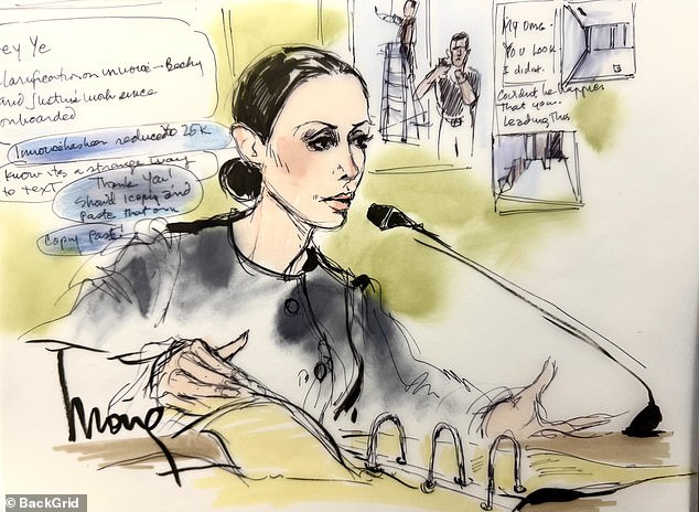 Censori's buttoned-up look was depicted in courtroom sketches showing her testifying on the stand
