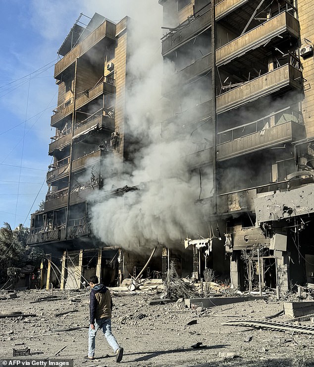 Heavily damaged buildings at the site of overnight Israeli airstrikes in the southern suburbs of Beirut on March 6