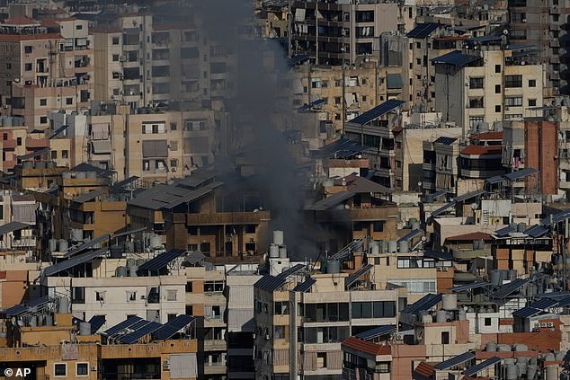 Smoke rises from an airstrike in Dahiyeh, Beirut's southern suburbs, Lebanon on March 6