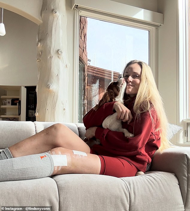 On Sunday, Vonn pictured herself alongside her dog, Chance, while writing about her difficult recovery ahead