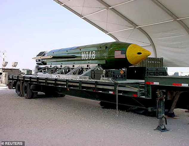 The GBU-43/B Massive Ordnance Air Blast (MOAB), pictured, known as the 'Mother of All Bombs', may now be dropped on Iran, experts have said