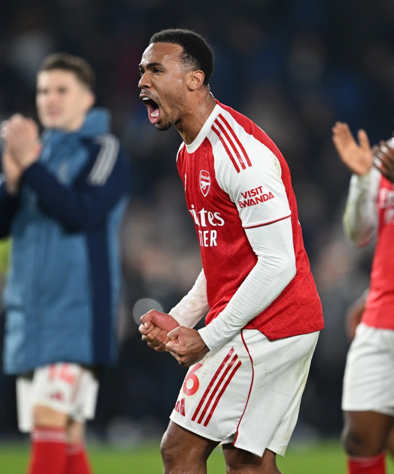 Gabriel Magalhães of Arsenal celebrating after a Premier League match.