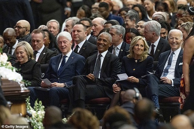 Former presidents Bill Clinton, Barack Obama, and Joe Biden and former Secretary of State Hillary Rodham and former first lady Dr. Jill Biden attend a celebration of life service for civil rights leader Rev. Jesse Jackson Sr. at the House of Hope arena on March 6