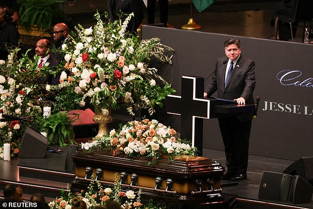 Governor of Illinois JB Pritzker speaks during a memorial service to celebrate the life of the civil rights leader, Reverend Jesse Jackson, in Chicago, Illinois, U.S., March 6
