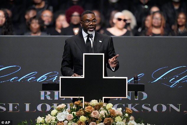 Chicago Mayor Brandon Johnson speaks during the Public Homegoing Service for the Rev. Jesse Jackson at the House of Hope in Chicago, Friday
