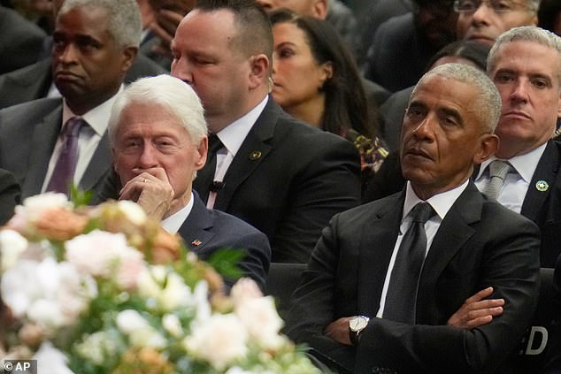 From left, Fformer President Bill Clinton and former President Barack Obama attend the Public Homegoing Service for Reverend Jesse Jackson at the House of Hope in Chicago, Friday