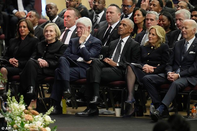 From left, former Vice President Kamala Harris, former Secretary of State Hillary Clinton, former President Bill Clinton, former President Barack Obama, former first lady Jill Biden, and former President Joe Biden attend the Public Homegoing Service for Rev. Jesse Jackson at the House of Hope in Chicago