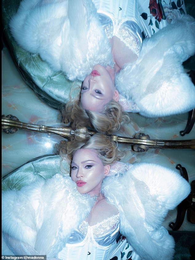 In this image, she added a faux white fur coat