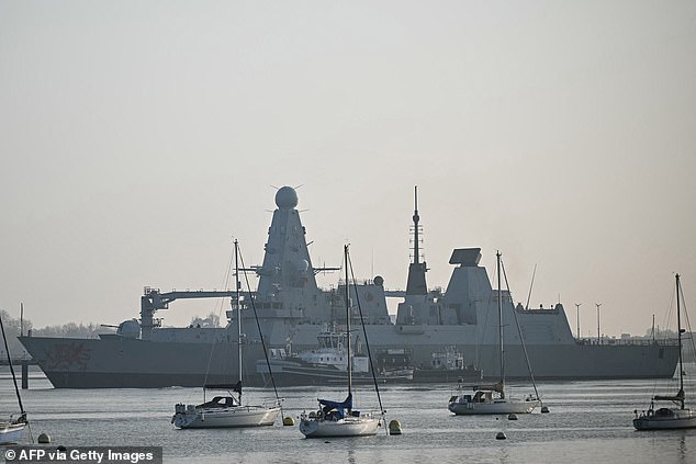 HMS Dragon, a Type 45 Daring-class air-defence destroyer warship, is pictured moored at the HMNB Portsmouth Upper Harbour Ammunition Facility (UHFC), outside HM Naval Base Portsmouth, on the south coast of England