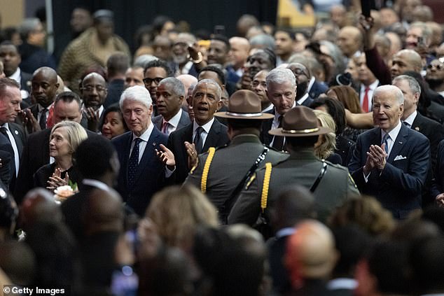 Guests, including former presidents Bill Clinton, Barack Obama, and Joe Biden, attend a celebration of life service for civil rights leader Rev. Jesse Jackson Sr. at the House of Hope arena