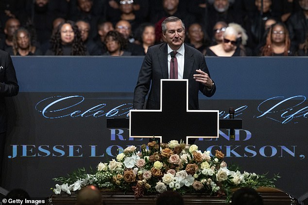 Chicago Cubs Chairman Thomas Ricketts speaks at a celebration of life service for civil rights leader Rev. Jesse Jackson