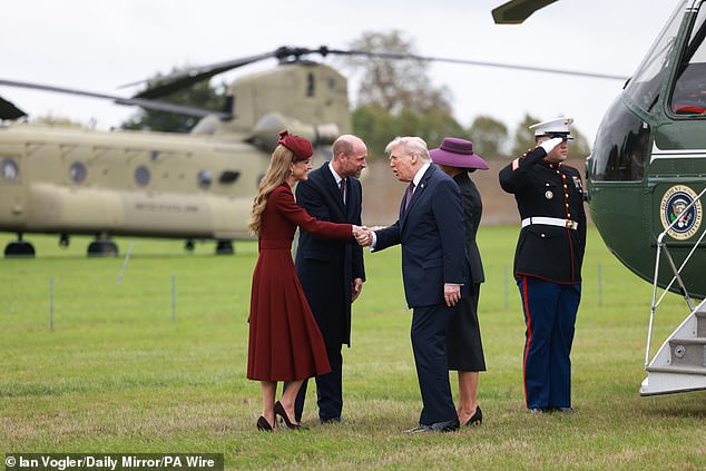 He turns to the Princess of Wales as he exits the plane (pictured) and says, 'You are so beautiful... so beautiful', at which her husband quickly changes the subject