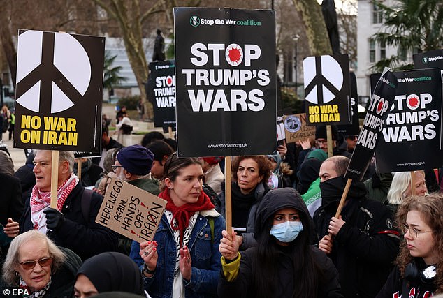 Meanwhile, a separate march of groups including the Campaign for Nuclear Disarmament (CND), Stop the War Coalition and the Palestine Solidarity Campaign will head from Millbank to the United States embassy to call for an end to attacks on Iran. Pictured: Protesters outside Parliament on February 28