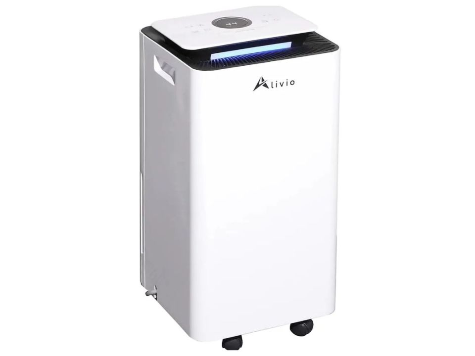 A white Alivio electric scrubber with blue light visible at the top, on wheels, against a white background.