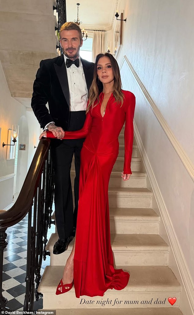 The designer, 51, was supported by her husband David, children Romeo, 23, Cruz, 21, and Harper, 14, as well as Cruz's girlfriend Jackie Apostel, 30, on Friday night (Victoria and David seen last month)