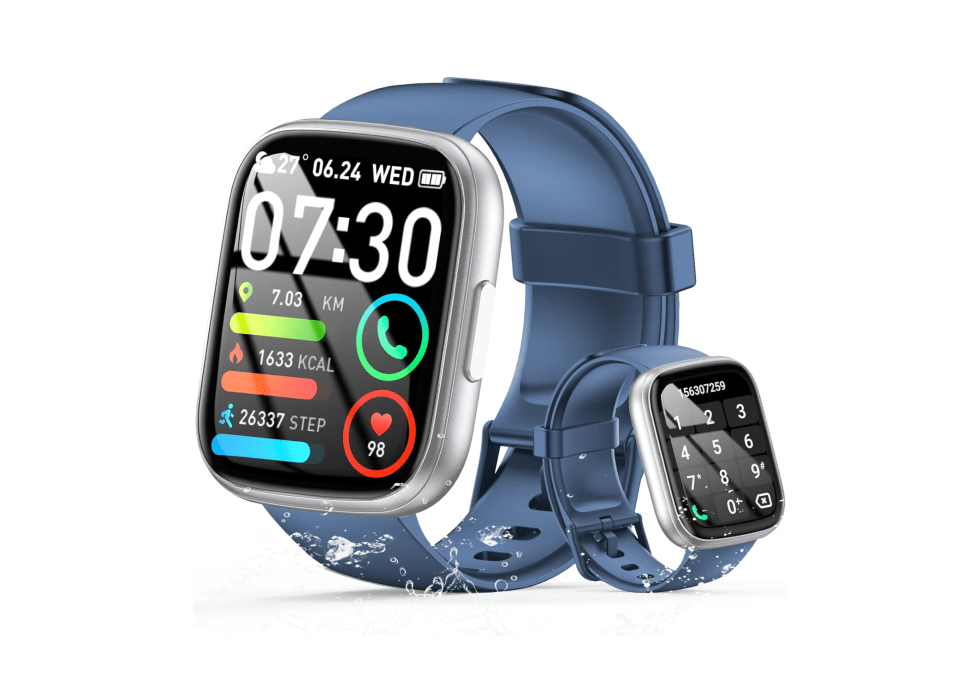 Two smartwatches with blue bands, one displaying time, distance, calories, steps and heart rate, and the other displaying a dial pad.