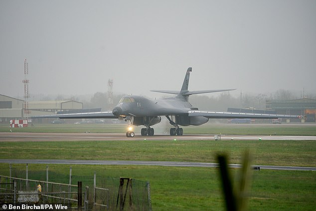 A United States Air Force B1-B Lancer Bomber lands at RAF Fairford in Gloucestershire on Saturday morning