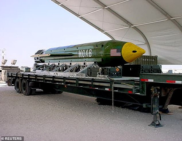 The GBU-43/B Massive Ordnance Air Blast (MOAB), pictured, known as the 'Mother of All Bombs', may now be dropped on Iran, experts have said