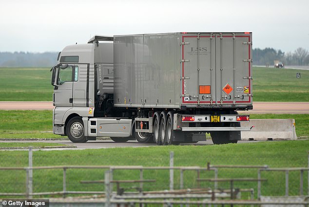 Trucks with Class 1.1 explosive hazard warning symbols arrive at RAF Fairford today