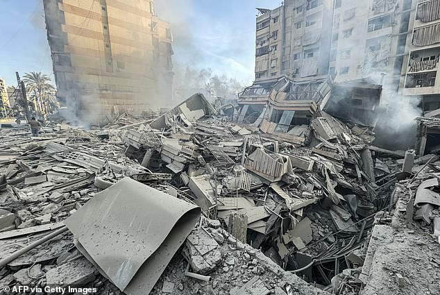 The site of overnight Israeli airstrikes is pictured in the southern suburbs of Beirut on March 6