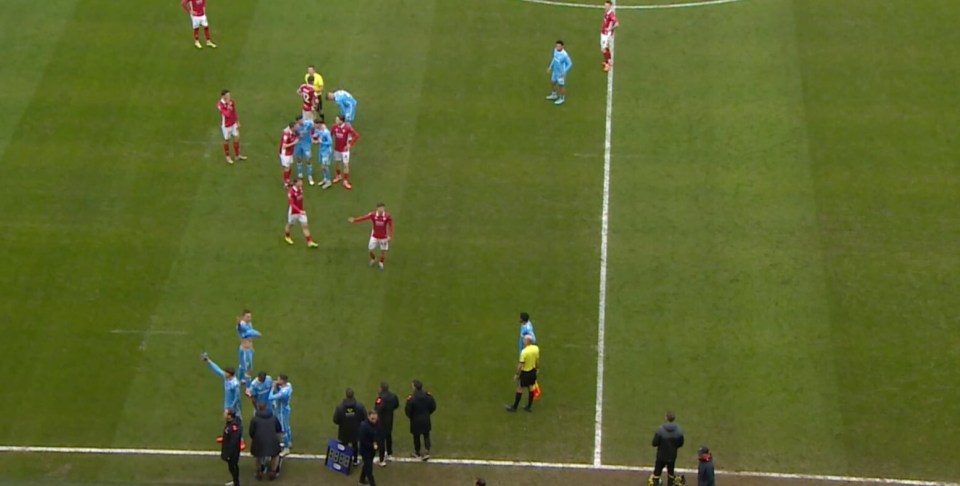 Soccer players on a green field.