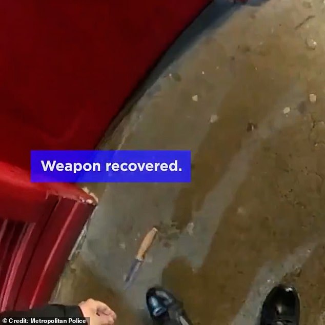 The constables soon recover the knife from where it was dropped on the pavement (pictured) during the melee