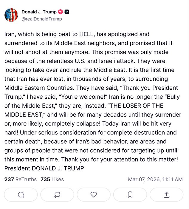 Trump announced in a Truth Social post that Iran is no longer the 'bully' of the Middle East and will be 'hit very hard' on Saturday morning