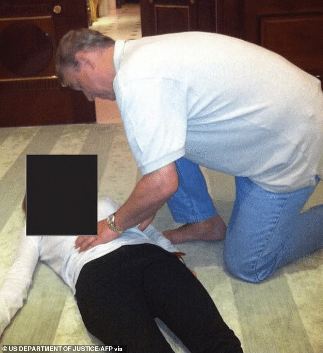 It raises questions over whether she is the woman in the now-infamous photos (pictured) of Andrew crouching over someone, with key details from her testimony such as the location, and the fact that Andrew massaged her waist – matching the photos