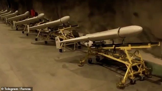 Despite the intense bombing of military sites by the US and Israel since the start of the conflict, security sources say the CIA and Israel's Mossad have evidence that supplies of the chemical weapons were stashed in separate locations. Pictured: Iranian missiles