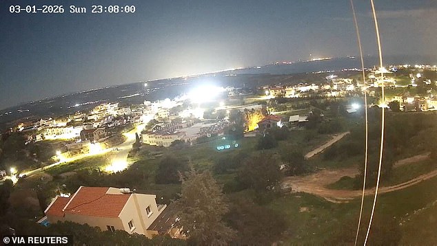 Prime Minister Keir Starmer has faced fierce criticism for not acting fast enough to protect Cyprus from enemy drones and missiles. RAF Akrotiri was hit by an Iranian drone attack last Sunday. Pictured: Flashes in the sky over the base on Monday, when further drones were intercepted