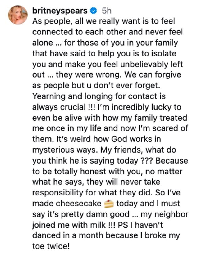 The toxic hitmaker claimed that her relatives will 'never take responsibility' as she slammed them for 'isolating' her